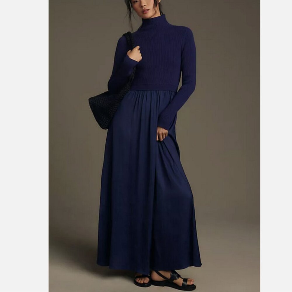 Anthropologie The Thea Twofer Sweater Dress Mock Neck Dark Blue Size XS NEW